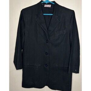 Vintage Linen Blazer Womens M Petite Rafella Black 3 Button Collared Pockets 90s